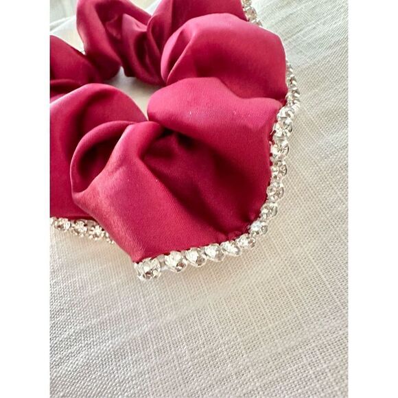 Red satin hair scrunchie with rhinestone trim - Picture 2 of 4